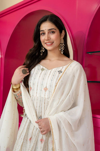 Ivory Zari Sequins Embroidered Anarkali Suit Set for Women