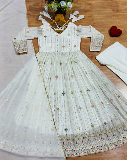 Ivory Zari Sequins Embroidered Anarkali Suit Set for Women