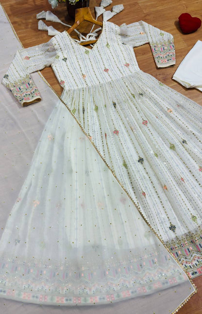 Ivory Zari Sequins Embroidered Anarkali Suit Set for Women
