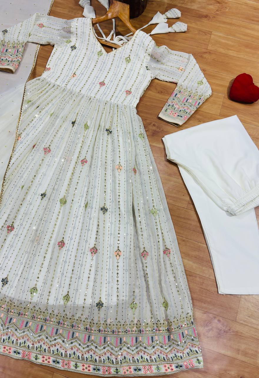 Ivory Zari Sequins Embroidered Anarkali Suit Set for Women