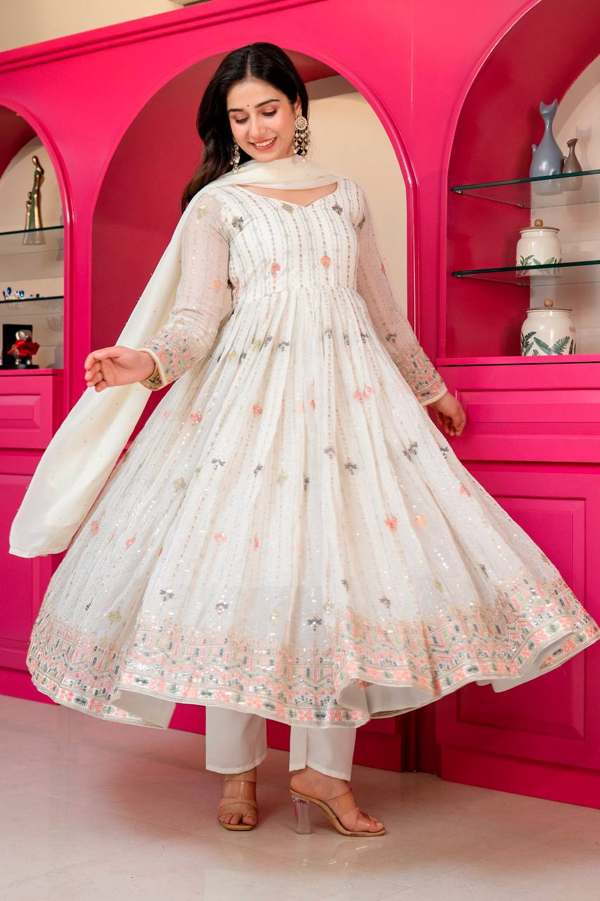 Ivory Zari Sequins Embroidered Anarkali Suit Set for Women