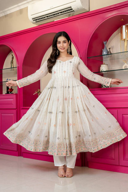 Ivory Zari Sequins Embroidered Anarkali Suit Set for Women