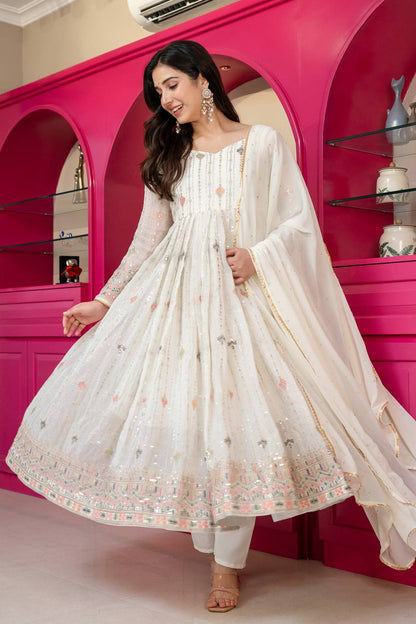 Ivory Zari Sequins Embroidered Anarkali Suit Set for Women