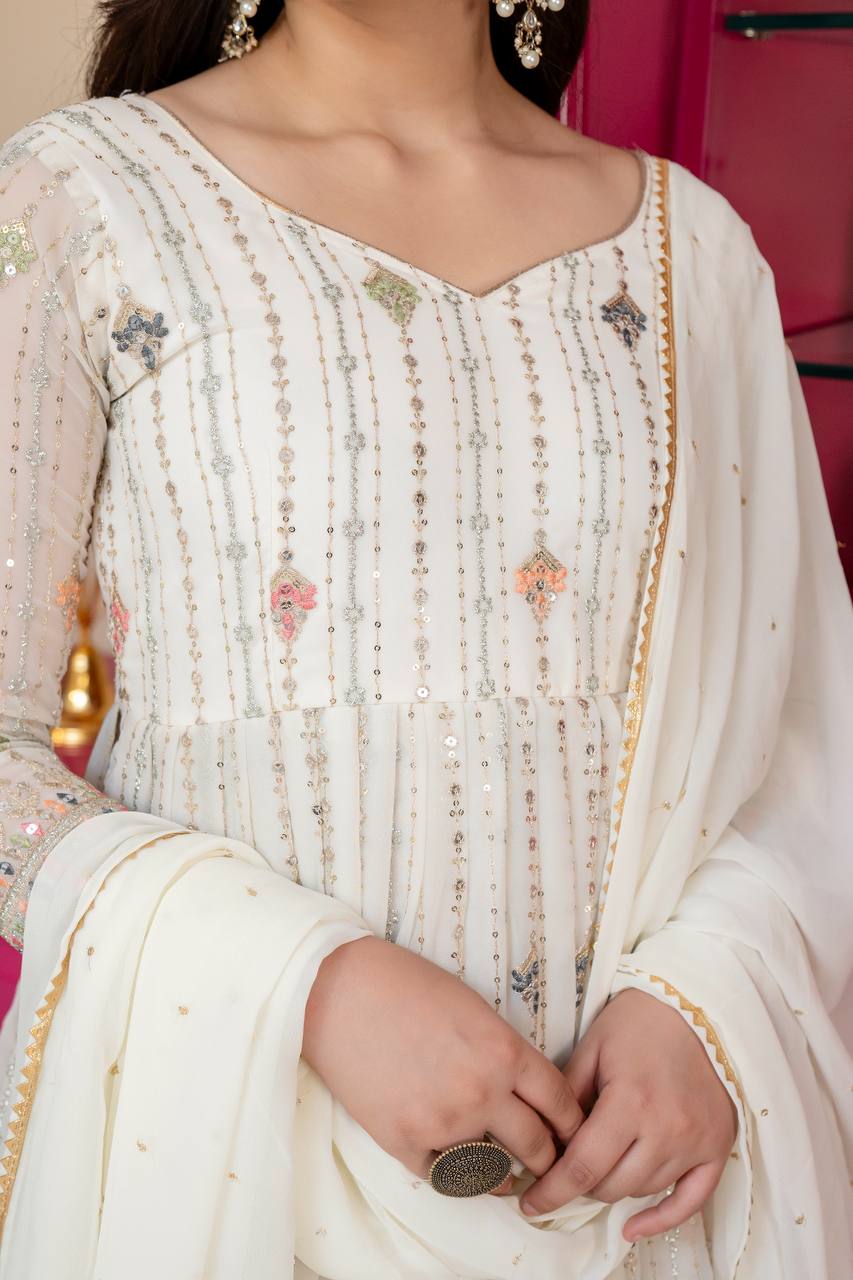 Ivory Zari Sequins Embroidered Anarkali Suit Set for Women