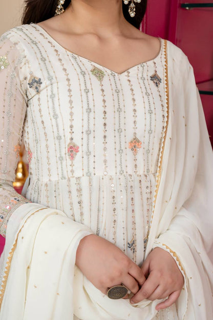 Ivory Zari Sequins Embroidered Anarkali Suit Set for Women
