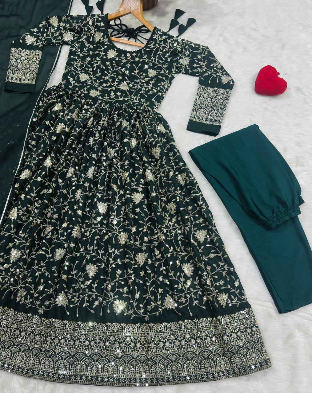 Dark Green Threadwork Anarkali Suit Set for Women