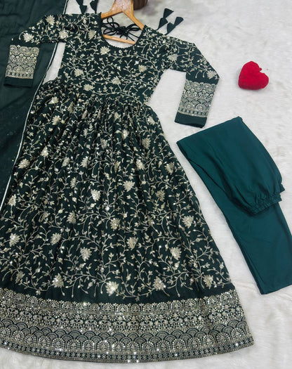 Dark Green Threadwork Anarkali Suit Set for Women