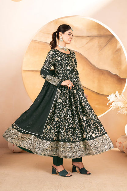 Dark Green Threadwork Anarkali Suit Set for Women
