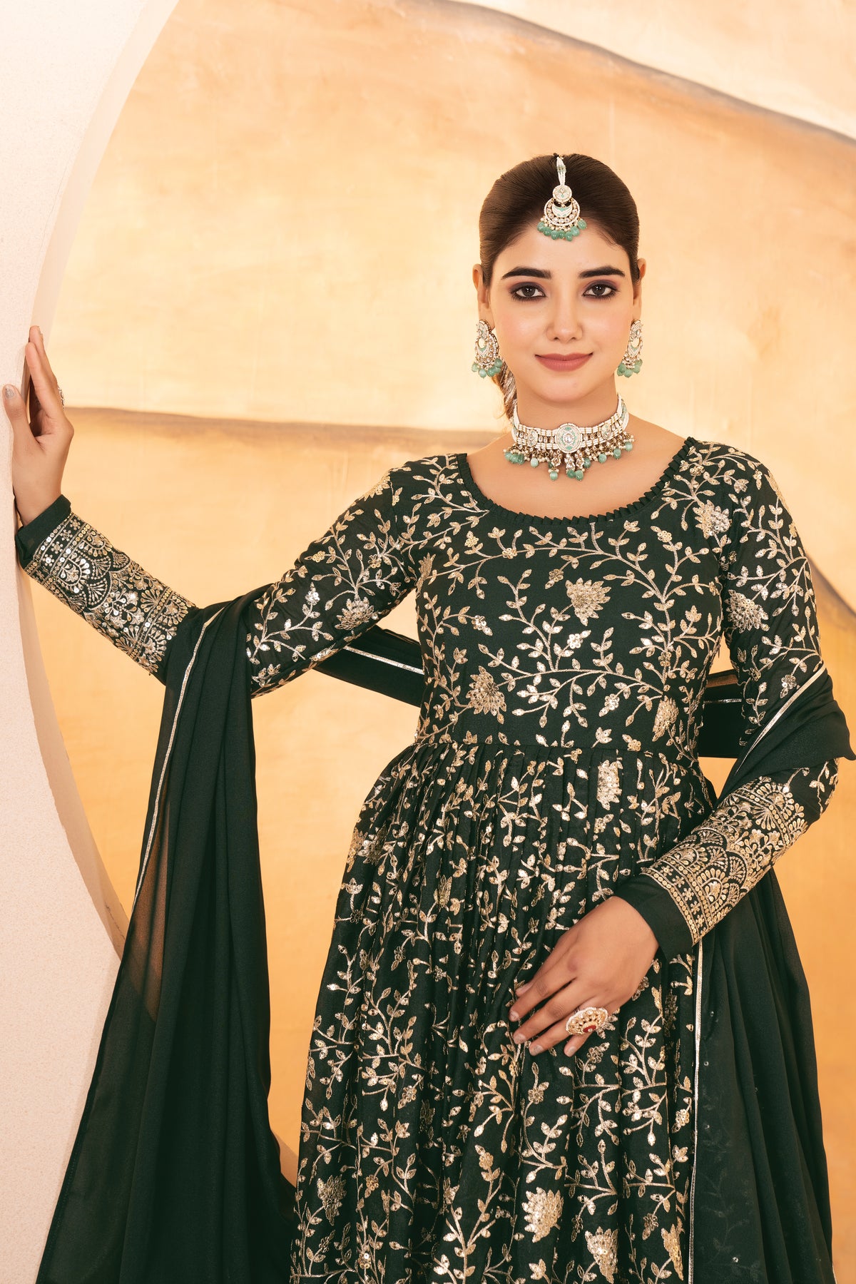 Dark Green Threadwork Anarkali Suit Set for Women
