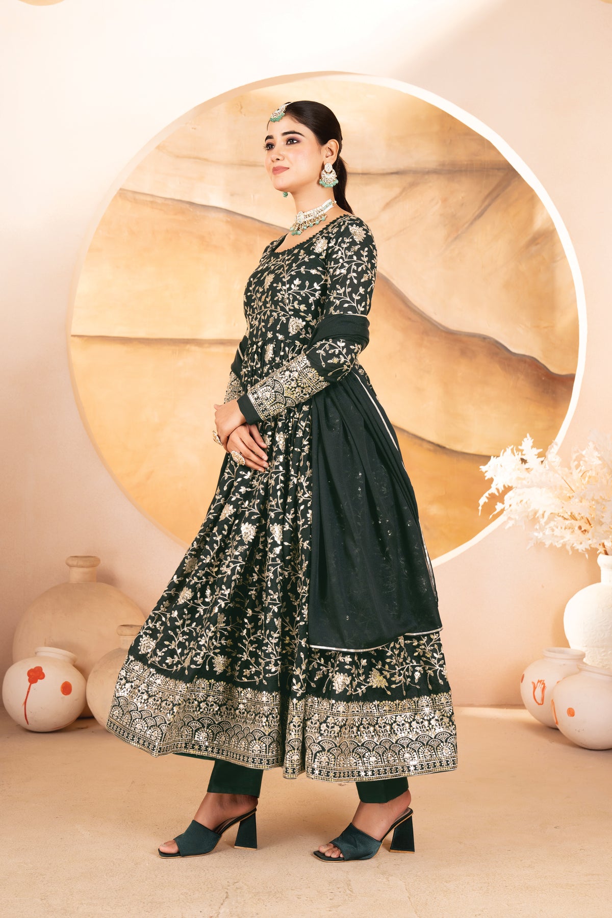 Dark Green Threadwork Anarkali Suit Set for Women