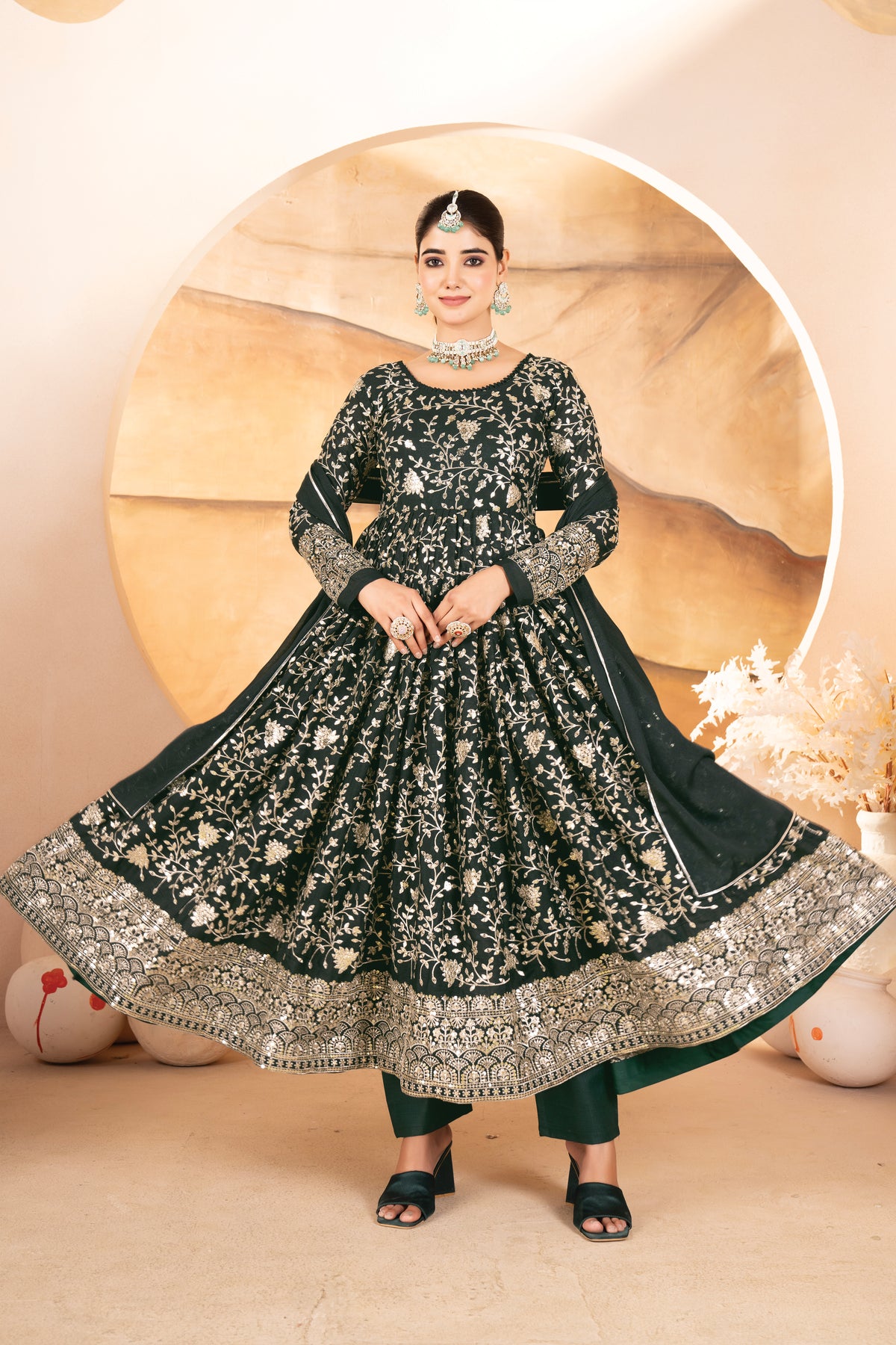 Dark Green Threadwork Anarkali Suit Set for Women