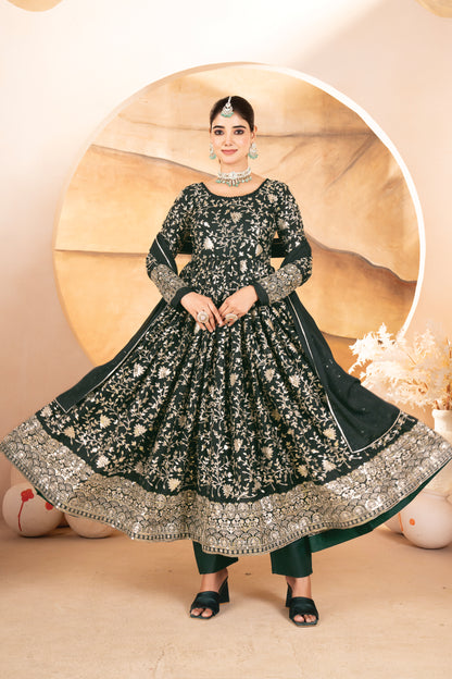 Dark Green Threadwork Anarkali Suit Set for Women