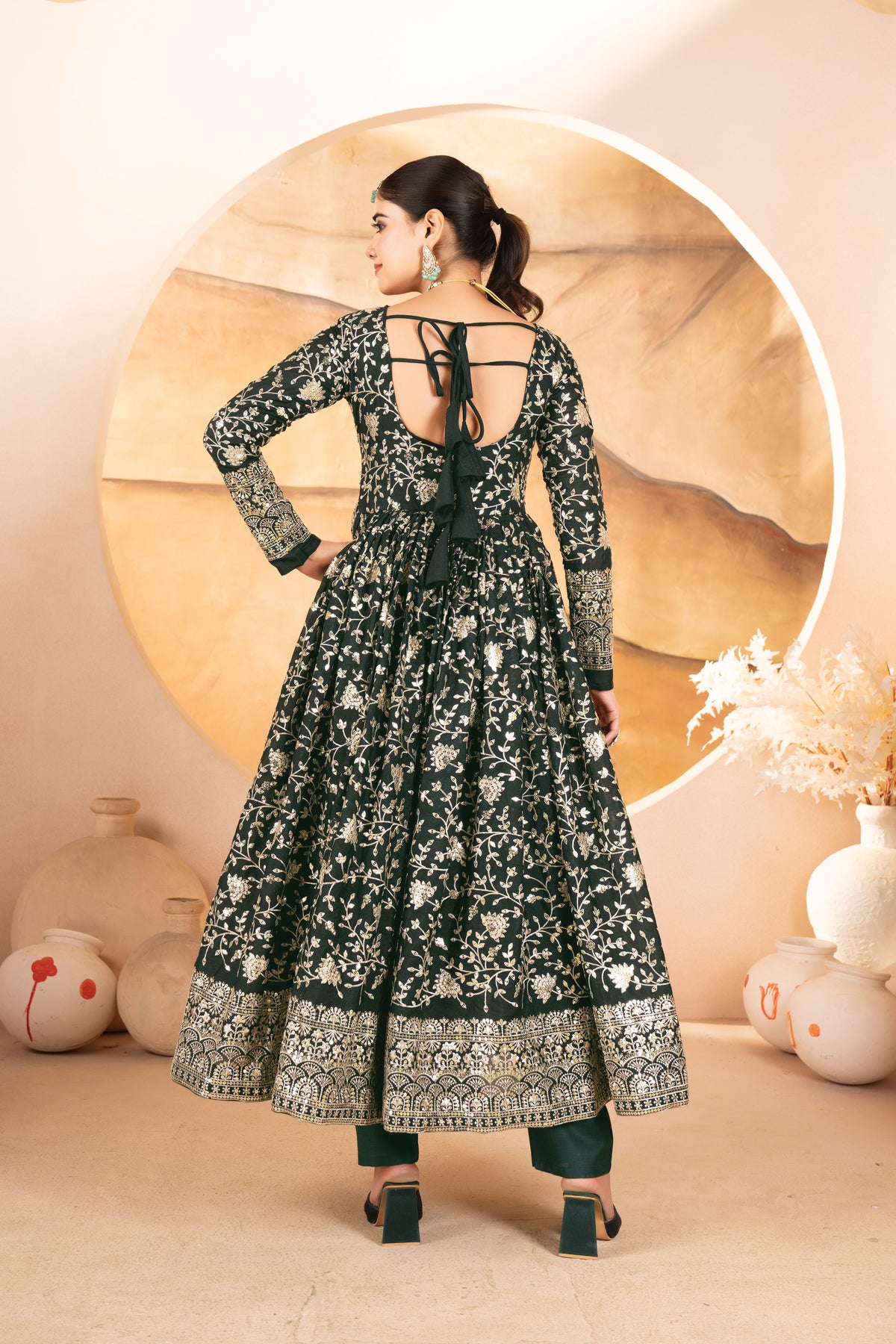 Dark Green Threadwork Anarkali Suit Set for Women