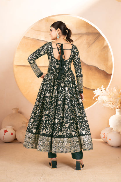 Dark Green Threadwork Anarkali Suit Set for Women