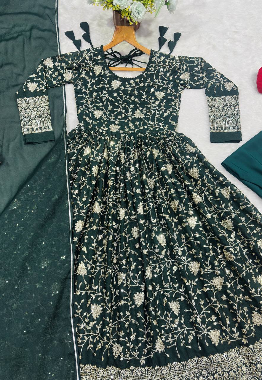 Dark Green Threadwork Anarkali Suit Set for Women