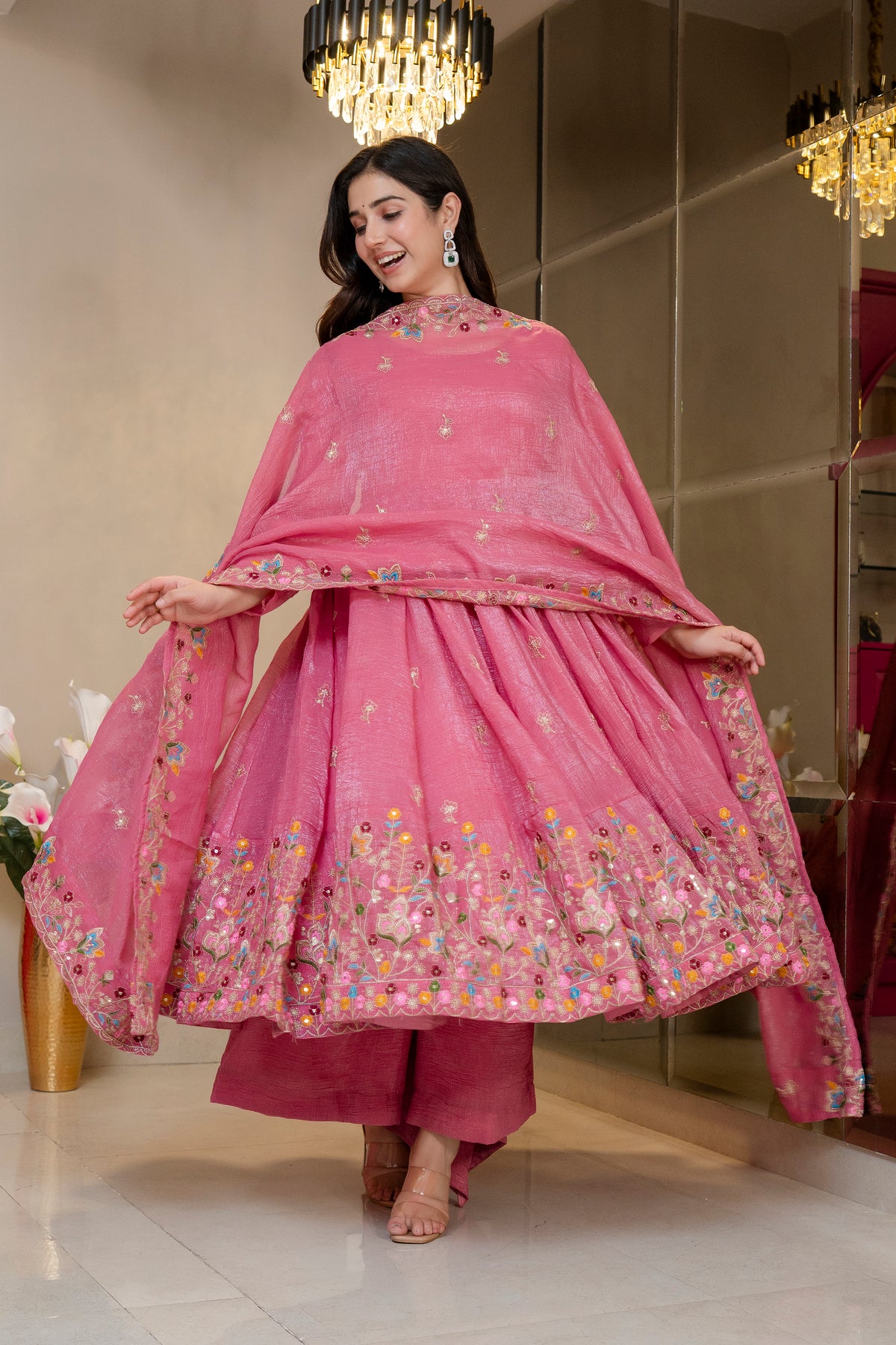 Pink Threadwork Anarkali Gown Suit Set ! for Women