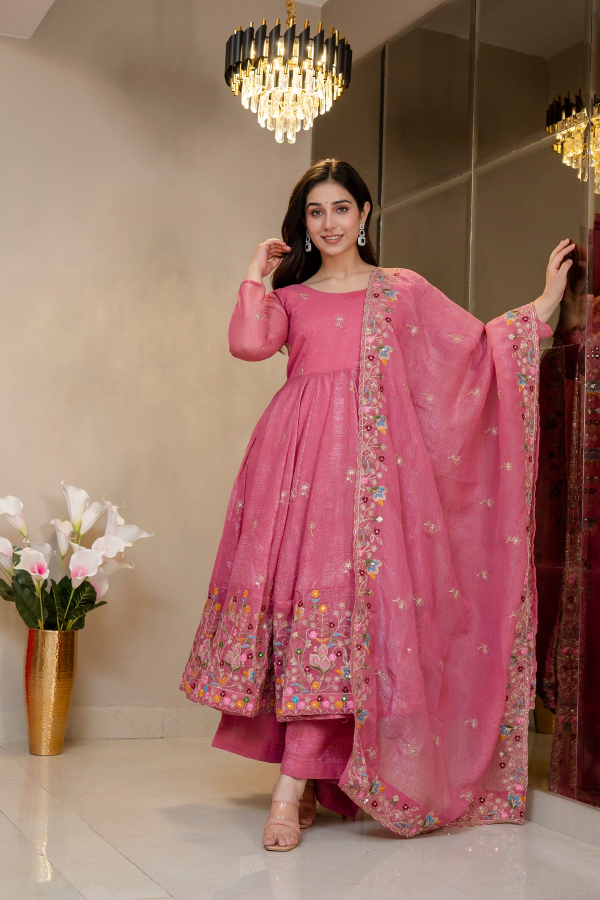 Pink Threadwork Anarkali Gown Suit Set ! for Women