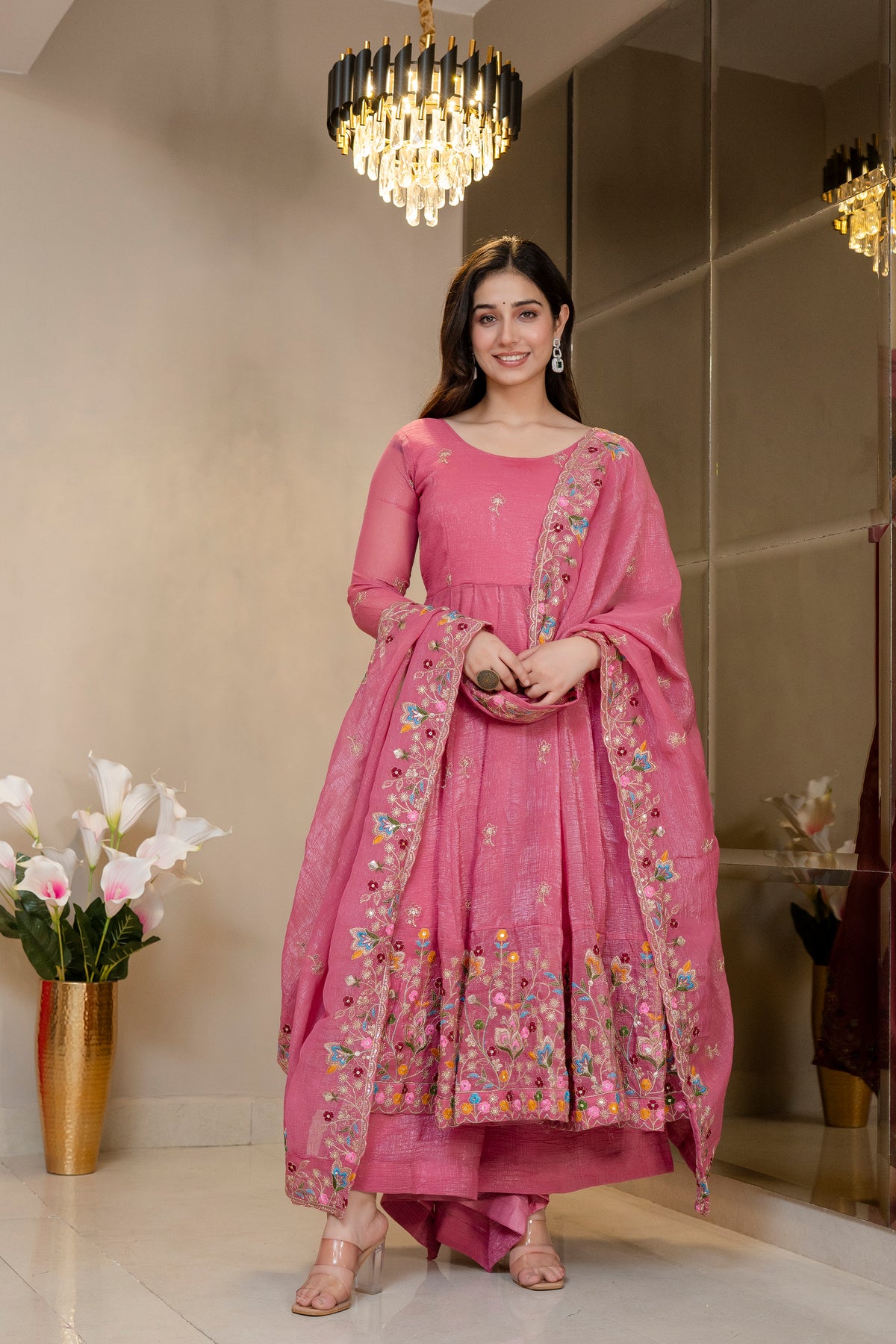 Pink Threadwork Anarkali Gown Suit Set ! for Women
