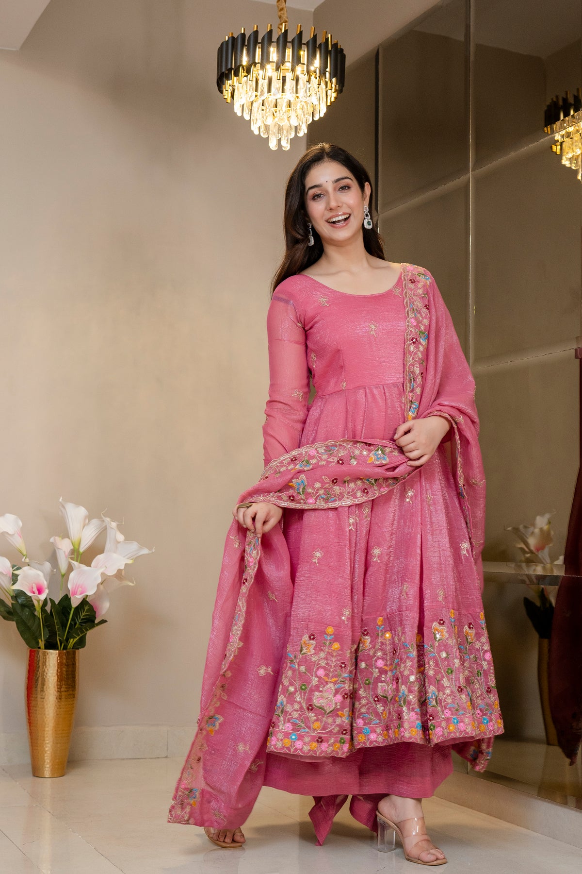 Pink Threadwork Anarkali Gown Suit Set ! for Women