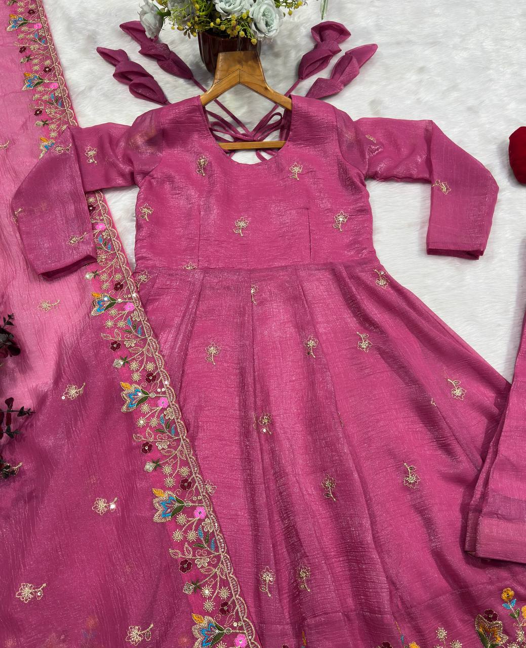 Pink Threadwork Anarkali Gown Suit Set ! for Women