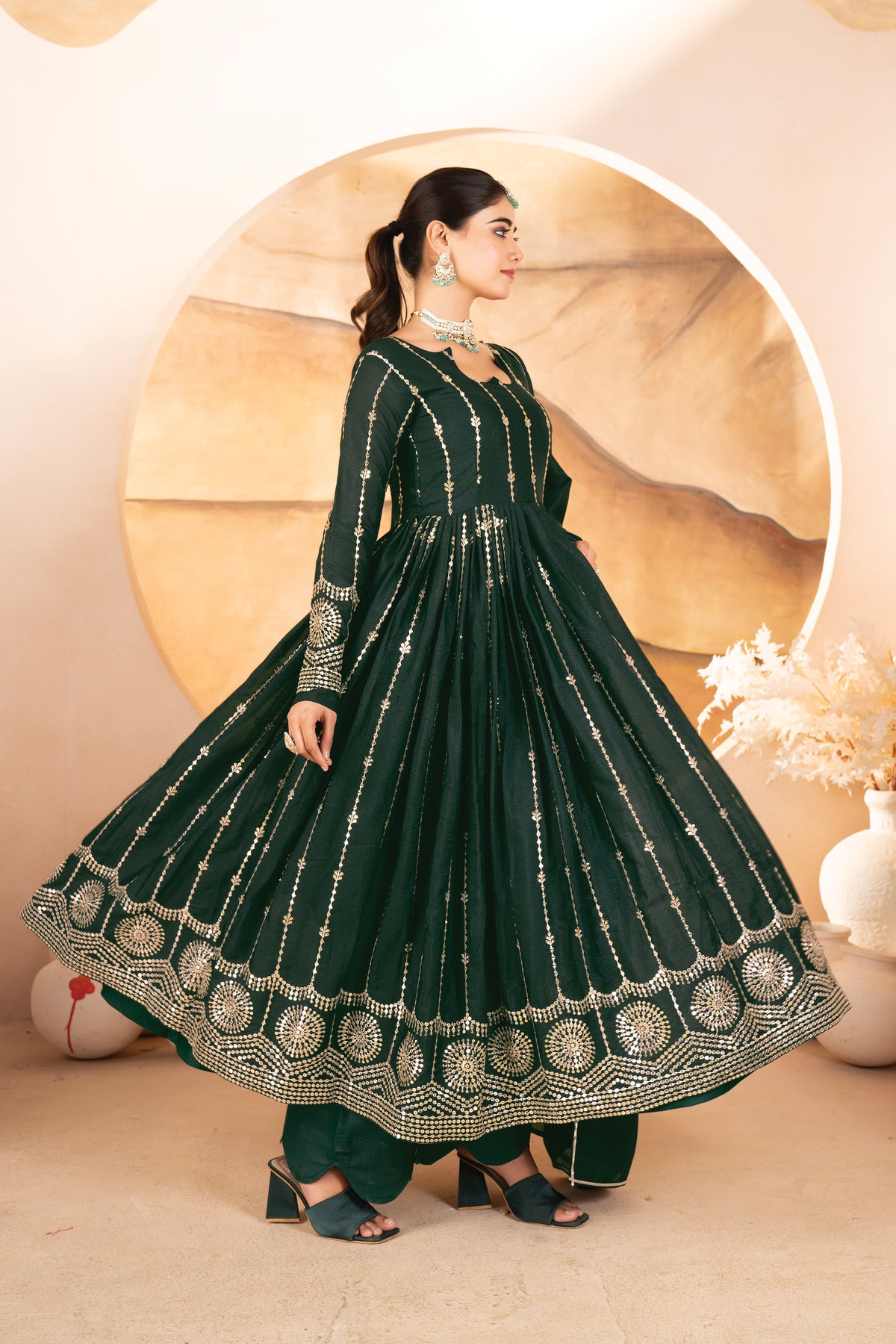 Dark Green Sequins Anarkali Suit Set with Dupatta for Women