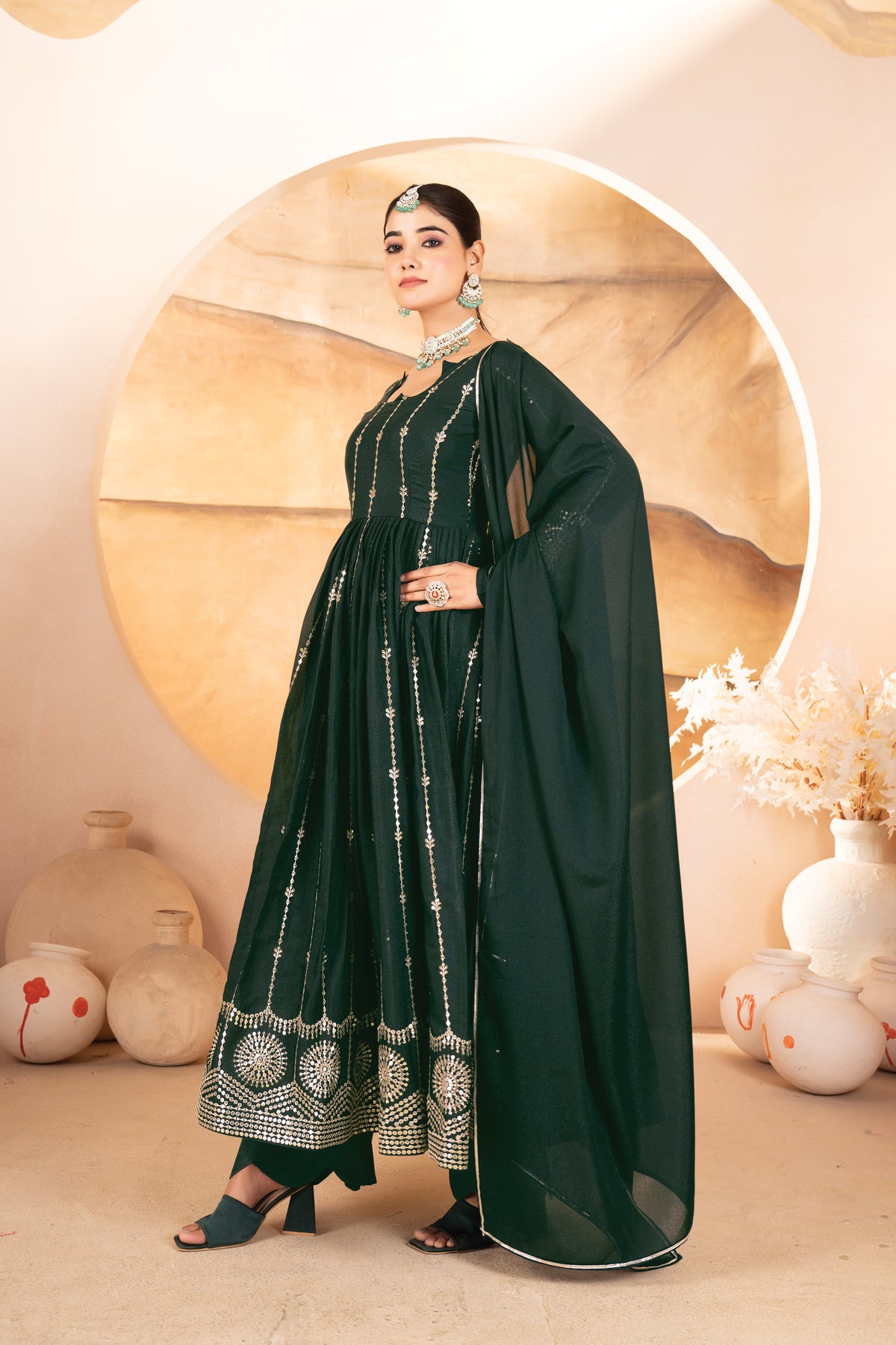 Dark Green Sequins Anarkali Suit Set with Dupatta for Women