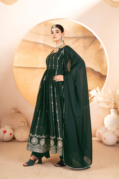 Dark Green Sequins Anarkali Suit Set with Dupatta for Women
