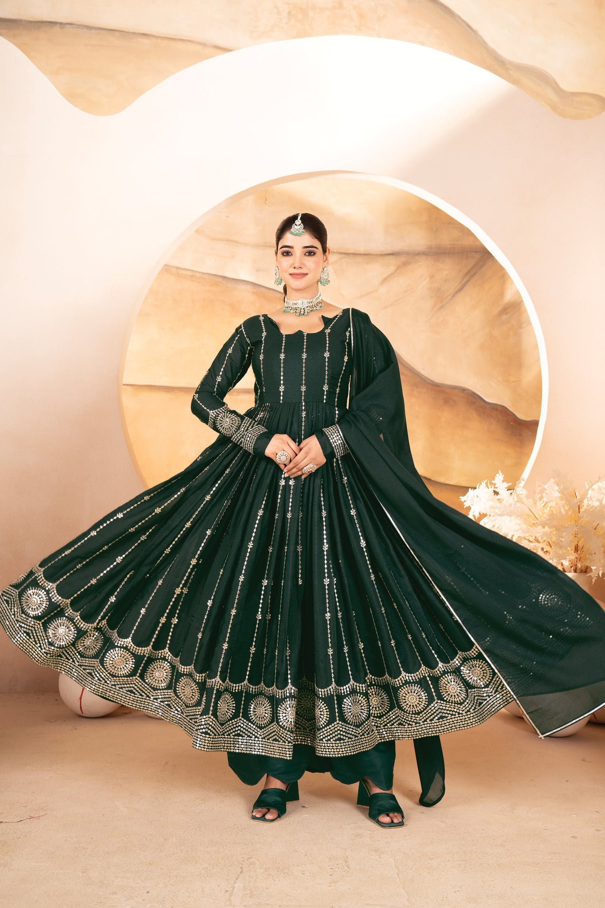 Dark Green Sequins Anarkali Suit Set with Dupatta for Women