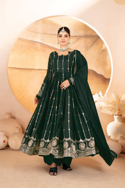 Dark Green Sequins Anarkali Suit Set with Dupatta for Women