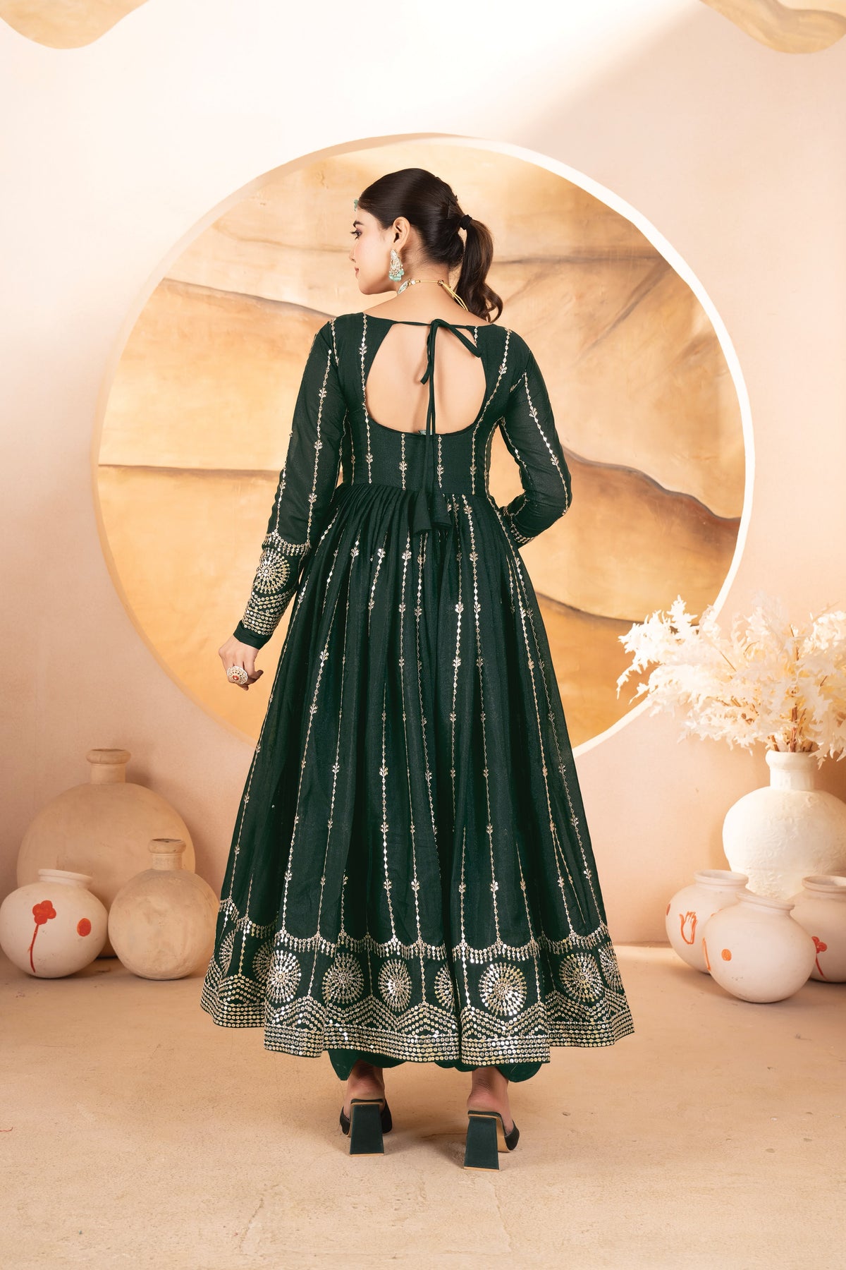 Dark Green Sequins Anarkali Suit Set with Dupatta for Women