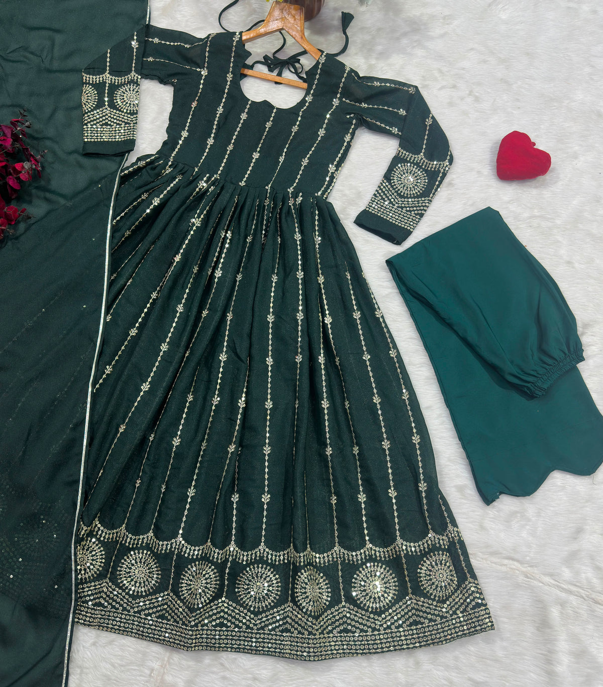 Dark Green Sequins Anarkali Suit Set with Dupatta for Women