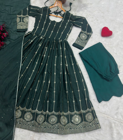 Dark Green Sequins Anarkali Suit Set with Dupatta for Women