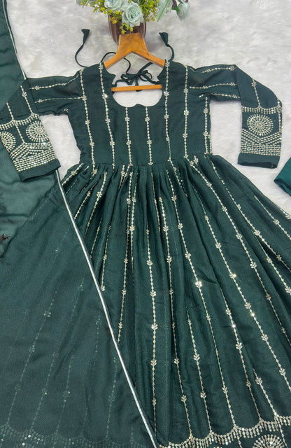 Dark Green Sequins Anarkali Suit Set with Dupatta for Women