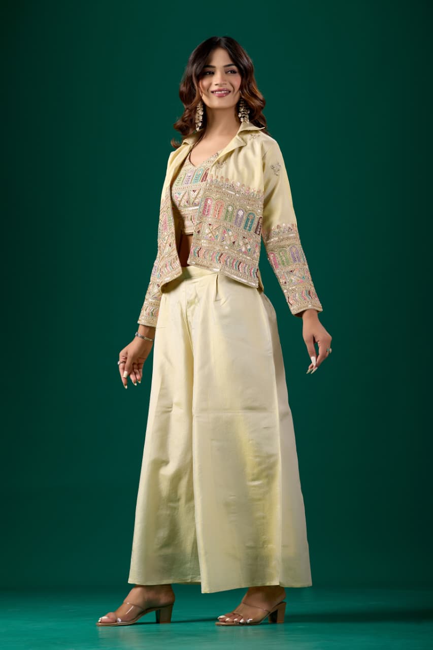 Women’s Embroidered Crop Top &amp; Jacket Palazzo Set for Women