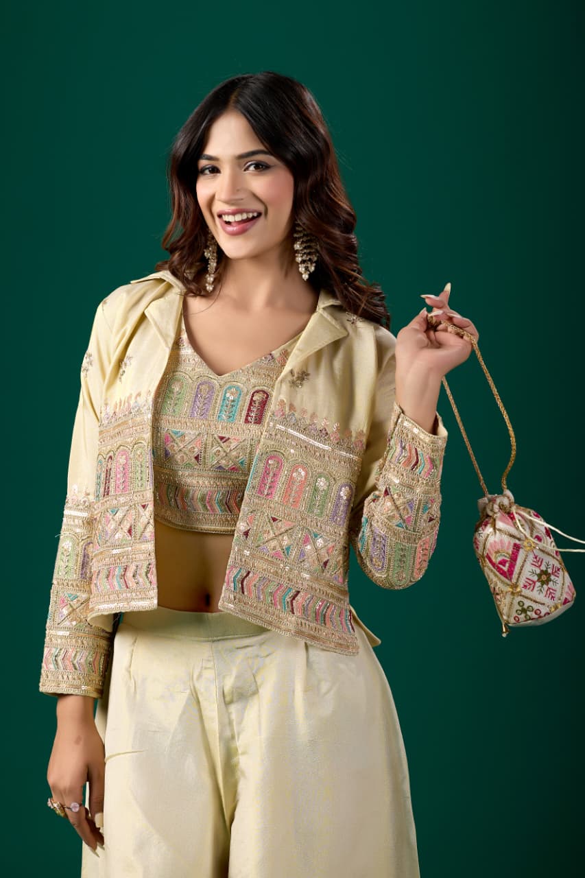 Women’s Embroidered Crop Top &amp; Jacket Palazzo Set for Women