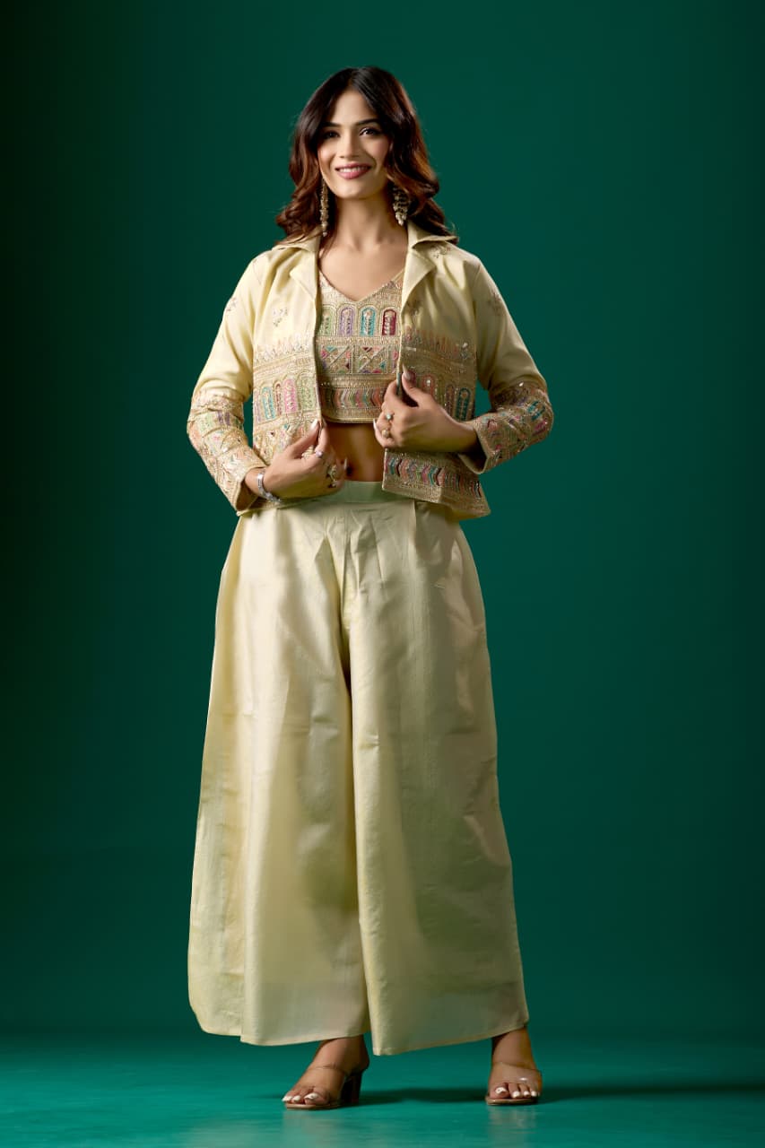 Women’s Embroidered Crop Top &amp; Jacket Palazzo Set for Women