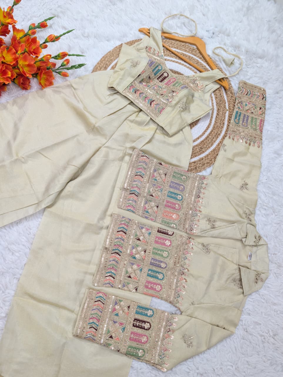 Women’s Embroidered Crop Top &amp; Jacket Palazzo Set for Women