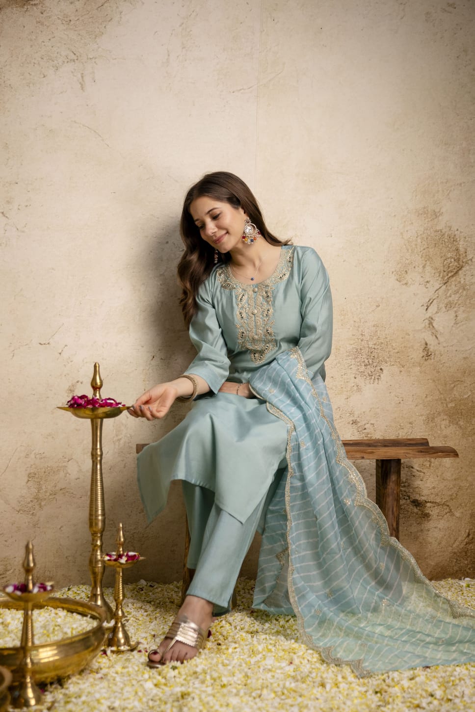Pastel Blue Embroidered Chanderi Kurta Set with Dupatta for Women