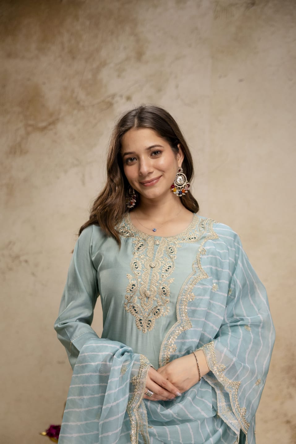 Pastel Blue Embroidered Chanderi Kurta Set with Dupatta for Women