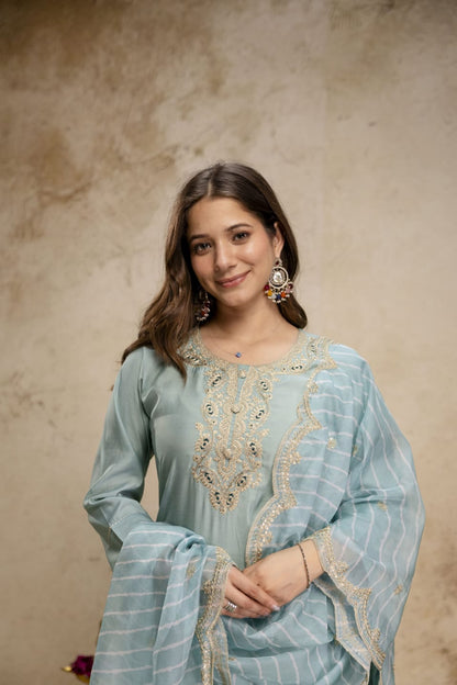 Pastel Blue Embroidered Chanderi Kurta Set with Dupatta for Women