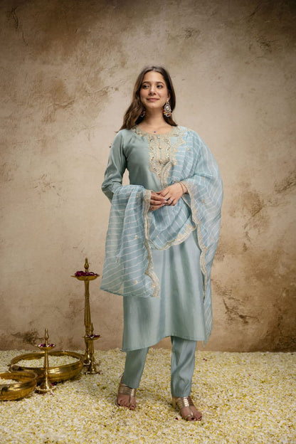 Pastel Blue Embroidered Chanderi Kurta Set with Dupatta for Women