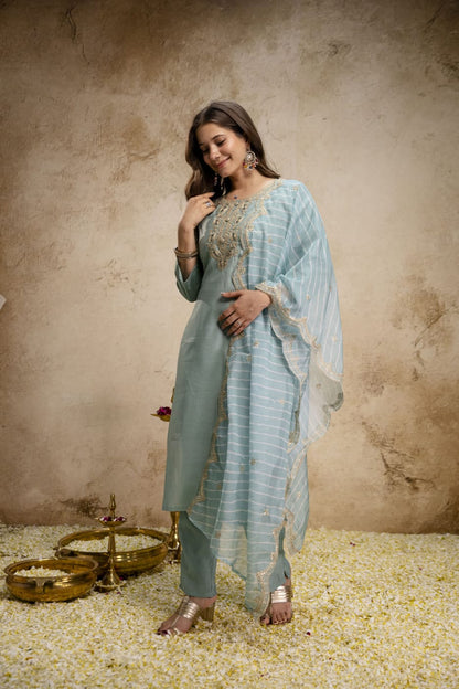 Pastel Blue Embroidered Chanderi Kurta Set with Dupatta for Women