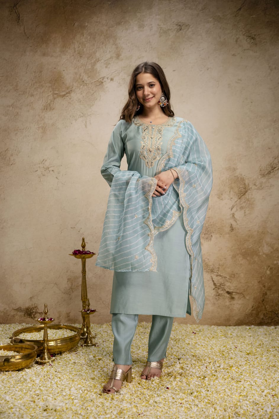 Pastel Blue Embroidered Chanderi Kurta Set with Dupatta for Women