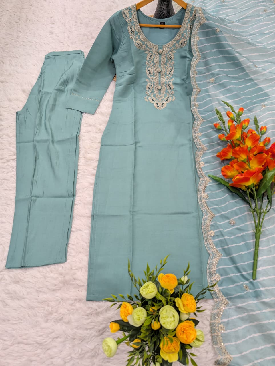 Pastel Blue Embroidered Chanderi Kurta Set with Dupatta for Women