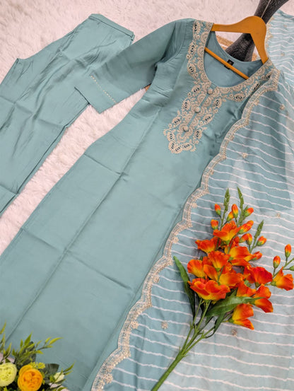Pastel Blue Embroidered Chanderi Kurta Set with Dupatta for Women