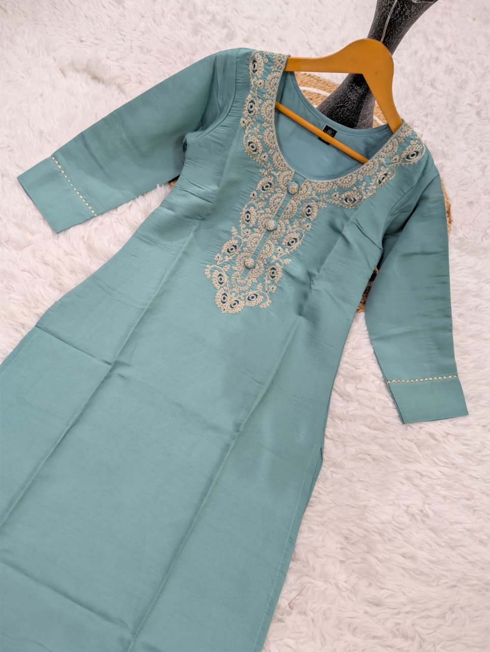Pastel Blue Embroidered Chanderi Kurta Set with Dupatta for Women