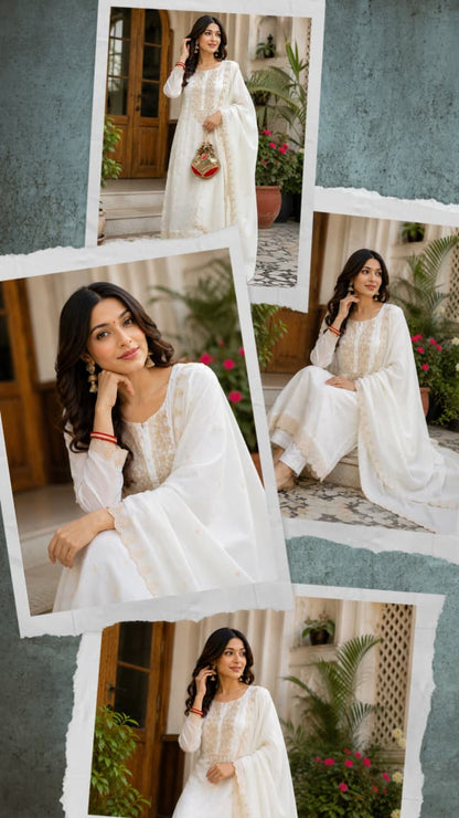 White Embroidered Viscose Jacquard Kurta Set for Women
