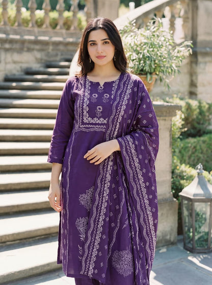 Purple Hand Printed Muslin Kurta Set Women for Women