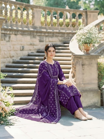 Purple Hand Printed Muslin Kurta Set Women for Women