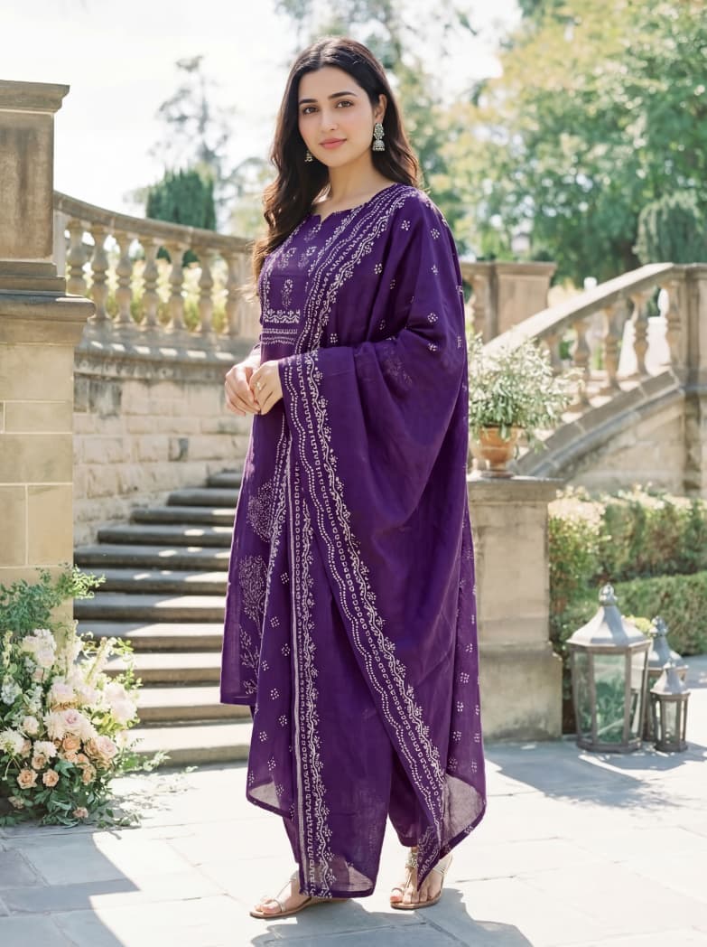 Purple Hand Printed Muslin Kurta Set Women for Women